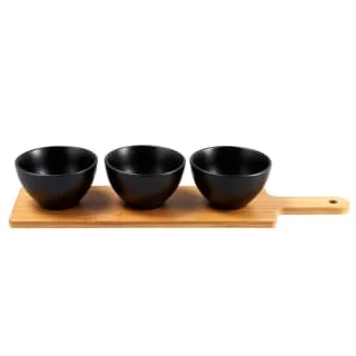 B&M Wooden Serve Board With Black Dip Bowls 1 B&M Wooden Serve Board With Black Dip Bowls